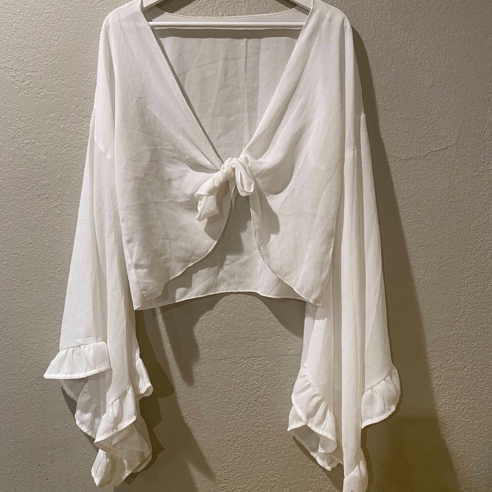 Long Bell Sleeve Tie Front Ruffle Trim Tie Up Crop Top